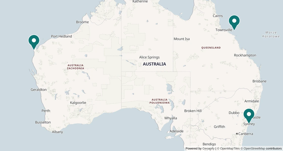 Mapa rejonów nurkowych w Australii: Morze Koralowe i Wielka Rafa, Ningaloo, Sydney i okolice