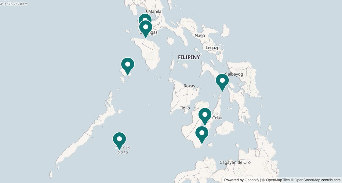 Mapa rejonów nurkowych na Filipinach: Anilao, Cebu i Moalboal, Coron (Palawan), Dumaguete i Dauin, Malapascua, Puerto Galera, Tubbataha