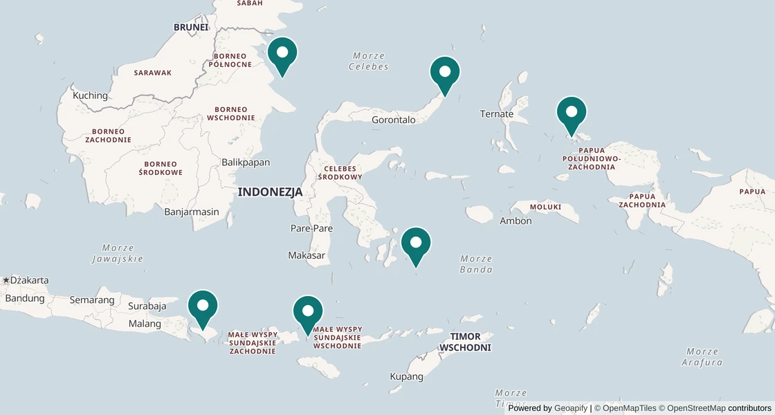 Mapa rejonów nurkowych w Indonezji: Bali, Cieśnina Lembeh, Derawan (Kalimantan), Komodo, Raja Ampat, Wakatobi
