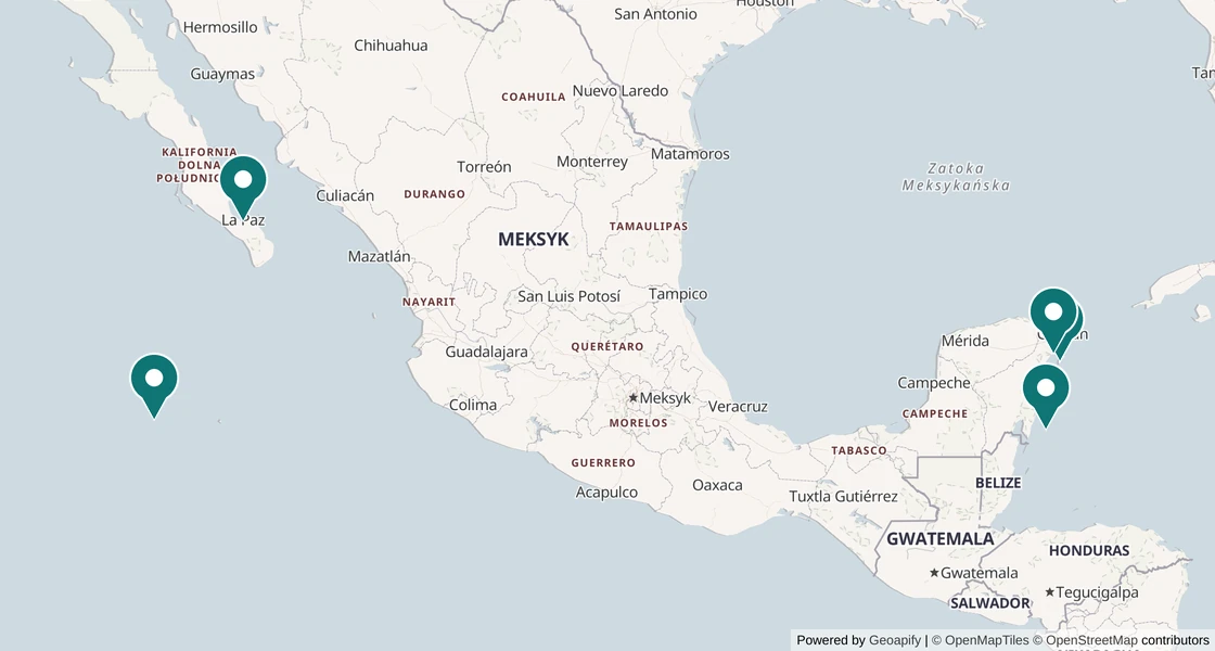 Mapa rejonów nurkowych w Meksyku: Banco Chinchorro, Cozumel, La Paz (Morze Korteza), Riwiera Majów, Socorro (Archipelag Revillagigedo)