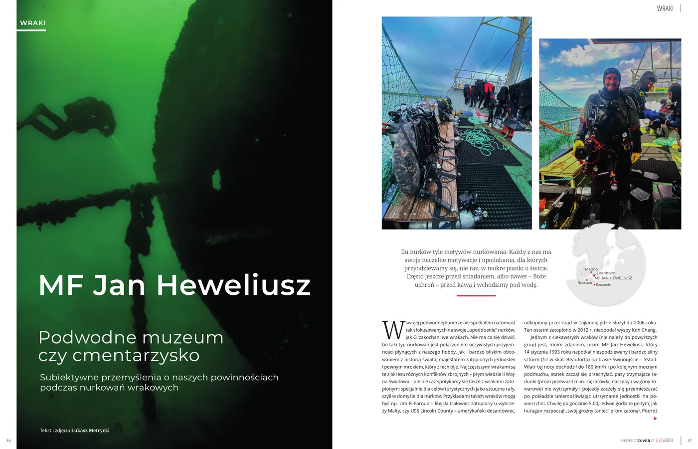 Pierwsza strona artykułu "MF Jan Heweliusz - podwodne muzeum czy cmentarzysko" w Perfect Diver nr 2(26)/2023