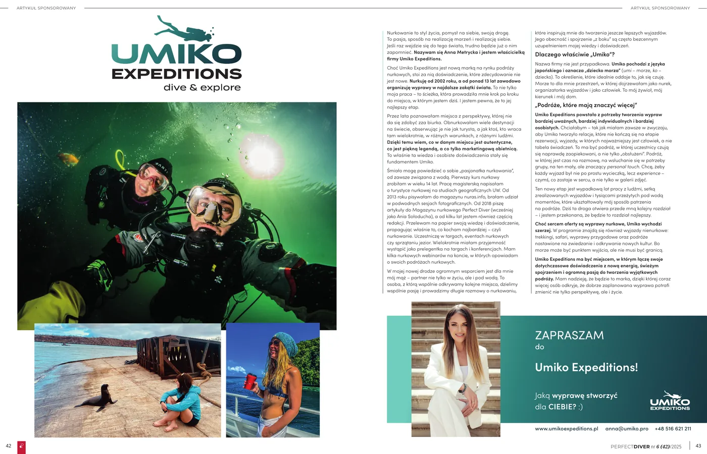 Pierwsza strona artykułu "Umiko Expeditions - nurkowanie to styl życia" w Perfect Diver nr 6(42)/2025